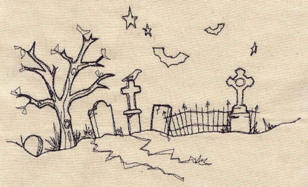 Doodle Graveyard With a Haunted Tree and Bats Embroidered Etsy
