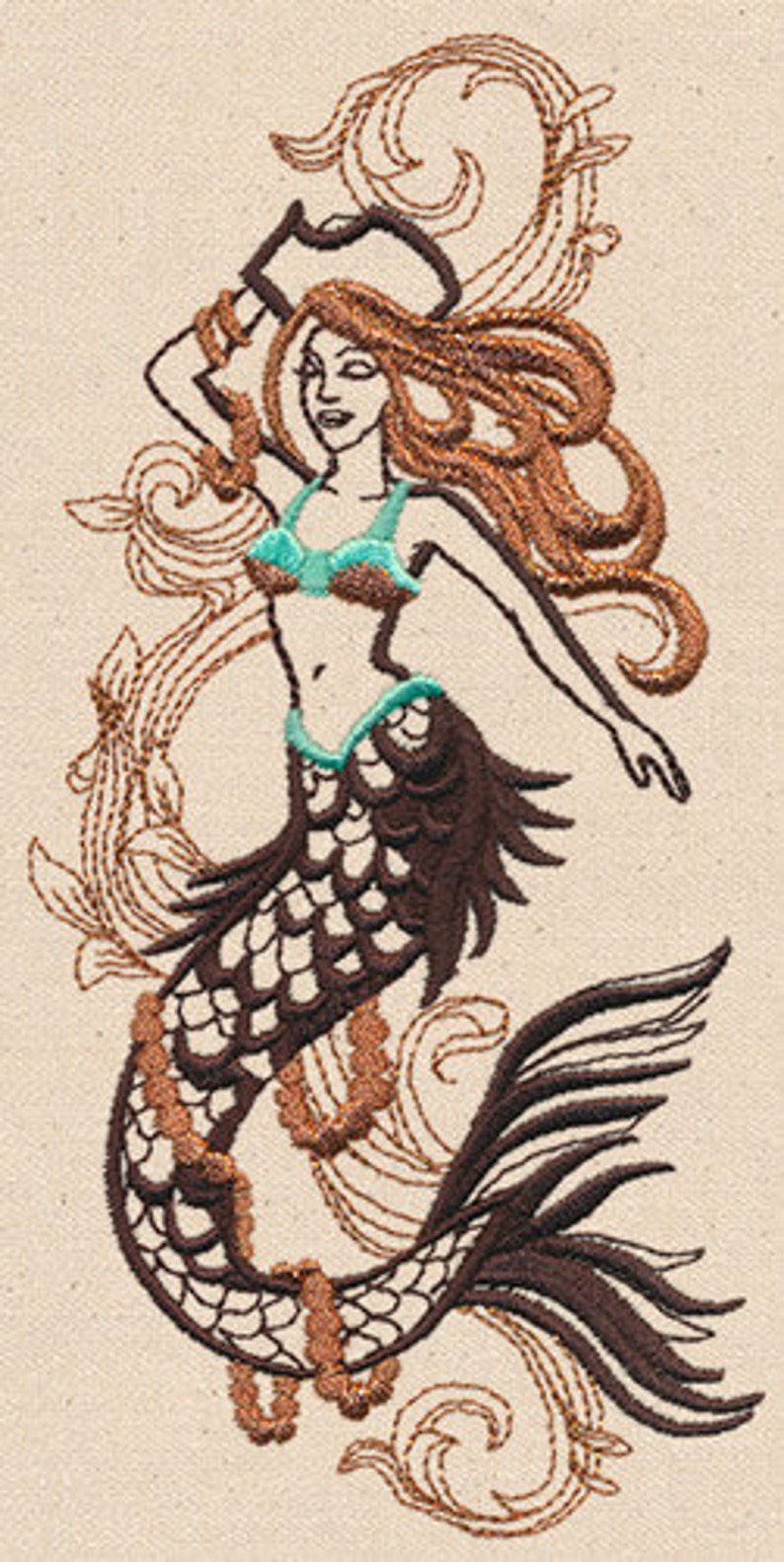 Sea Treasure Pirate Mermaid Embroidered Waffle Weave Hand/Dish image 0