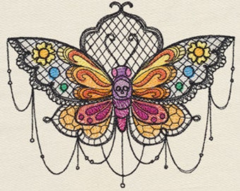 Bella Muerte - Calavera Polilla Butterfly Moth Sweet Skull Mexican Culture Dia De Los Muertos Embroidered Waffle Weave Hand Towel
