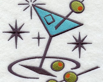Retro Martini Cocktail Embroidered Waffle Weave Hand Towel