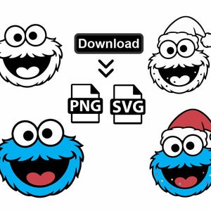 May include: A digital download graphic featuring four cartoon monster faces. Two are black and white, and two are blue. Two have Santa hats. The image includes the word "Download" and file type icons for PNG and SVG.