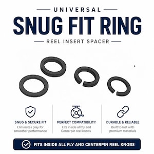 May include: A graphic featuring the text "UNIVERSAL SNUG FIT RING" and "REEL INSERT SPACER". The image shows four dark gray circular reel insert spacers. The text below describes the product's features: snug fit, perfect compatibility, and durable and reliable.