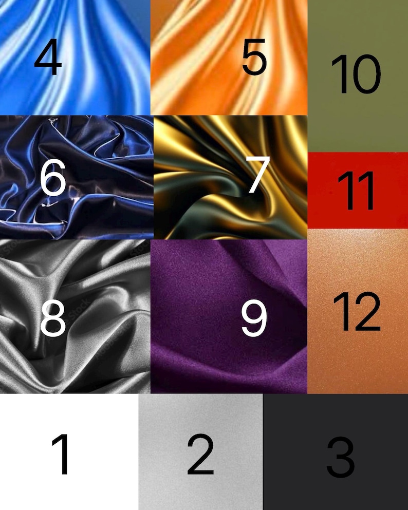 K&ouml;nnte beinhalten: Ein Raster aus zw&ouml;lf Farbfeldern. Die Farben umfassen Wei&szlig;, Silber, Schwarz, Blau, Orange, Marineblau, Gold, Silber, Lila, Olivgr&uuml;n, Rot und Kupfer. Jedes Feld hat eine Nummer von 1 bis 12.