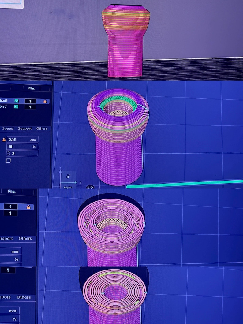 K&ouml;nnte beinhalten: Ein 3D-Rendering eines zylindrischen Objekts mit ausgestellter Oberseite, dargestellt in mehreren Ansichten. Das Objekt ist haupts&auml;chlich magenta, mit B&auml;ndern in Gelb, Gr&uuml;n und anderen Farben. Die Bilder werden auf blauem Rasterhintergrund angezeigt.