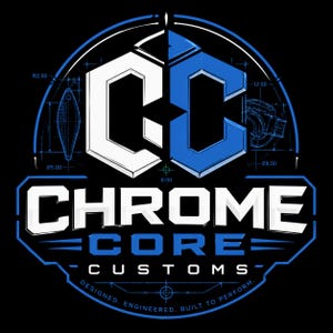 K&ouml;nnte beinhalten: Ein schwarz-blaues Logo mit den Buchstaben "CC" in einer stilisierten Schriftart. Das Logo enth&auml;lt auch die W&ouml;rter "CHROME CORE CUSTOMS" und den Slogan "DESIGNED. ENGINEERED. BUILT TO PERFORM."