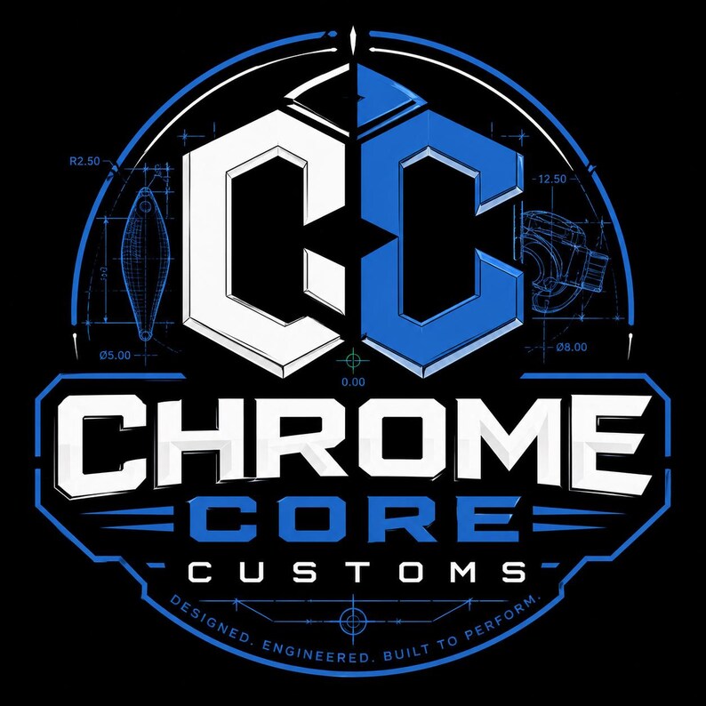 K&ouml;nnte beinhalten: Ein schwarz-blaues Logo mit den Buchstaben "CC" in einer stilisierten Schriftart. Das Logo enth&auml;lt auch die W&ouml;rter "CHROME CORE CUSTOMS" und den Slogan "DESIGNED. ENGINEERED. BUILT TO PERFORM."