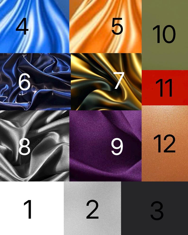 May include: A grid of twelve color swatches. The colors include white, silver, black, blue, orange, navy, gold, silver, purple, olive green, red, and copper. Each swatch has a number from 1 to 12.