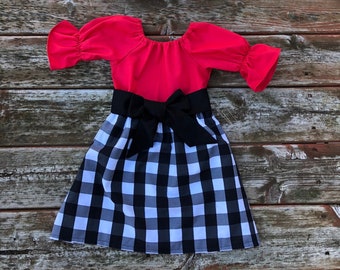 Girls Red and Buffalo Plaid Dress Black White Check w/ Black Sash 3 6 12 18 24 2t 3t 4t 5 6 7 8 9 10 Matching Sister outfit Valentine's Day