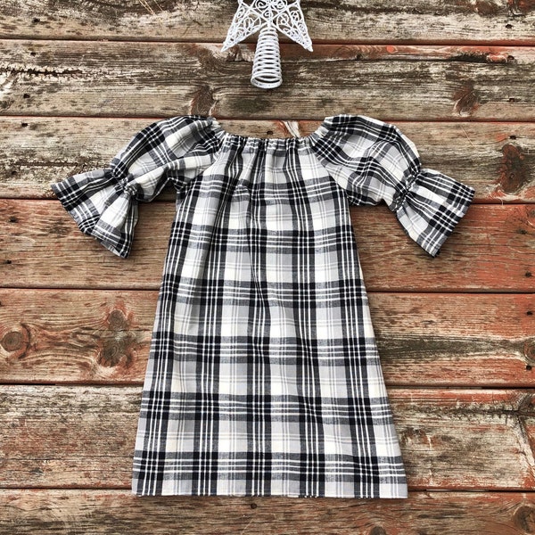 Girls Plaid Dress - Cream Black Gray - Trendy Christmas Fall Holiday 0 3 6 12 18 2t 3t 4t 5 6 7 8 9 10 Boho Thanksgiving Fall