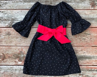 Girls Holiday Dress Black Polka Dot Red Sash 0 3 6 12 18 24 2t 3t 4t 5 6 7 8 9 10 Christmas Dress Matching Sister