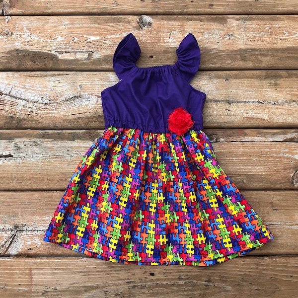 Girls Autism Awareness Puzzle Piece Dress 3 6 12 18 24 2 3 4 5/6 7/8 9/10 11/12 Autism speaks till all the pieces fit