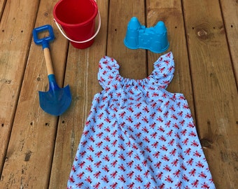 Girls Lobster Dress  0 3 6 12 18 24 2T 3T 4T 5/6 7/8 9/10 Red Blue Summer Dress Beach Coverup Beachcomber Maine Vacation East Coast