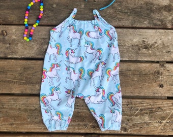 Girls Unicorn Knit Boho Romper  0 3 6 12 18 24 2 3 4 5 6 Harem style Rainbow Aqua Pantsuit