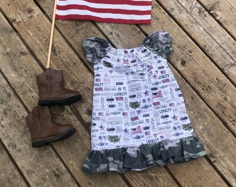 Girls Military Hero Dress 0 3 6 12 18 2t 3t 4t 5/6 7/8 9/10 11/12 Military Dress Armed Forces Army Soldier Fatigues Honor Valor Camouflage