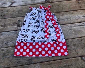 Cow Pillowcase Dress 0 3 6 12 18 2 3 4 Girls Black White Red Farm Animal  1st Birthday