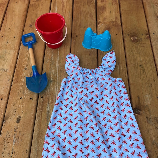 Girls Lobster Dress  0 3 6 12 18 24 2T 3T 4T 5/6 7/8 9/10 Red Blue Summer Dress Beach Coverup Beachcomber Maine Vacation East Coast