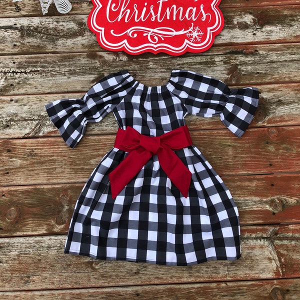 Girls Holiday Dress Buffalo Plaid Black White Check w/ Red Sash 0 3 6 12 18 24 2t 3t 4t 5 6 7 8 9 10 Mother's Day Matching Sister