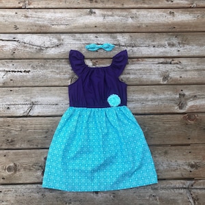 Little Mermaid Inspired Dress: Purple Bodice, Teal Print - Birthday Party