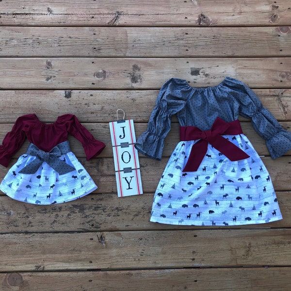 Girls Winter Dress Holiday Gray Wine Rustic Moose Deer Buffalo Bear w/ Sash 3 6 12 18 24 2t 3t 4t 5 6 7 8 9 10 Matching Sister Dress Sibling