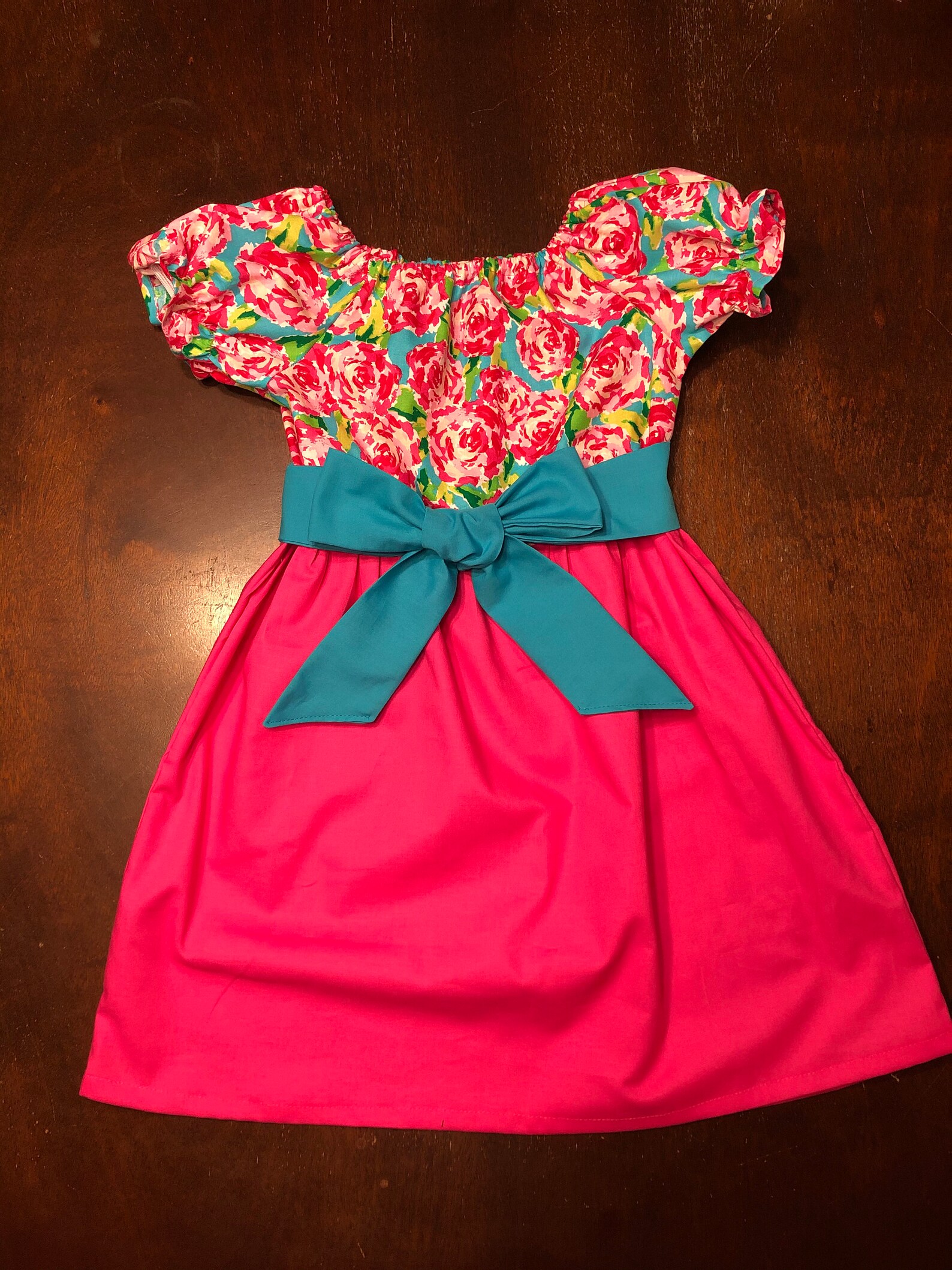 Easter Dress Girls Spring Aqua Hot Pink Roses Dress with sash Etsy