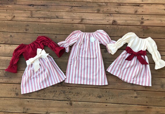 Girls Holiday Dress: Cream & Red Stripe Peasant Dress with Wine Sash