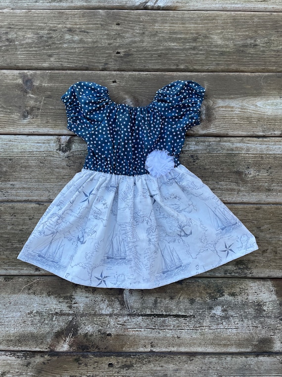 Girls Navy and White Nautical Dress: Navy Star Bodice, Anchor Print Skirt