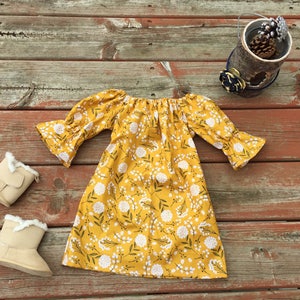 Girls Fall Dress Mustard Yellow Cotton Blossom Navy White 0 3 6 12 18 24 2T 3T 4T 5/6 7/8 9/10 11/12 Fall Thanksgiving Mother's Day