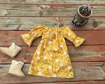 Girls Mustard Yellow Floral Dress: Cotton Peasant Style