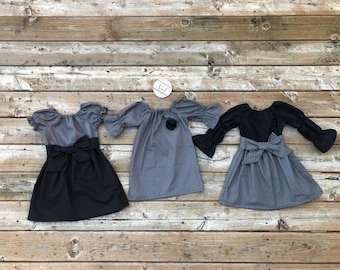 Girls Winter Holiday Dress Gray Black Dot with Sash 6 12 18 24 2T 3T 4T 5/6 7/8 9/10 Sibling Sister Cousin Set Matching Dresses