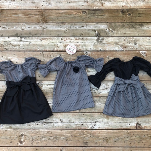 Girls Holiday Dress: Gray Black Polka Dot Cotton Party Dress