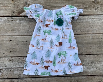 Girls woodland creatures Birthday Dress 3 6 12 18 24 2T 3T 4T 5/6 7/8 9/10 deer forest mushrooms bear fox baby infant toddler dress