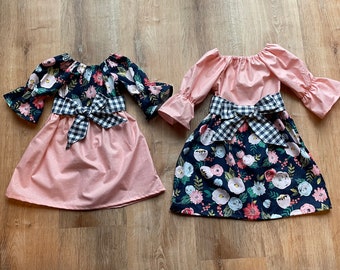 Girls Easter Dress Navy Peach White Floral Gingham Plaid 3 6 12 18 24 2t 3t 4t 5/6 7/8 9/10 Beach Mother&#39;s Day Sister Sibling Outfits Spring