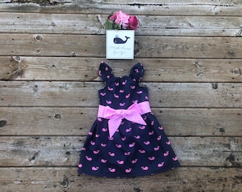 Girls Whale Dress Navy Pink Nautical 3 6 12 18 24 2t 3t 4t 5/6 7/8 9/10 Beach Preppy Polo Sailing Sister Dresses Sibling Outfits Easter