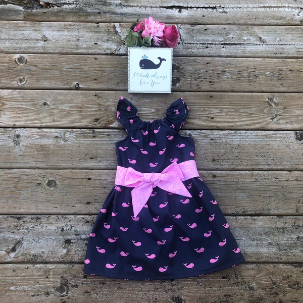 Girls Whale Dress Navy Pink Nautical 3 6 12 18 24 2t 3t 4t 5/6 7/8 9/10 Beach Preppy Polo Sailing Sister Dresses Sibling Outfits Easter