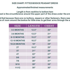 May include: Size chart for a fitted bodice peasant dress with measurements in inches for chest and length. The chart includes sizes from 0-3 months to 11/12.