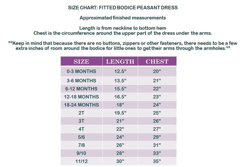 May include: Size chart for a fitted bodice peasant dress with measurements in inches for chest and length. The chart includes sizes from 0-3 months to 11/12.
