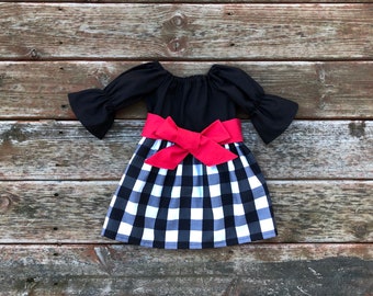 Girls Black Buffalo Plaid Dress Black White Check w/ Red Sash 3 6 12 18 24 2t 3t 4t 5 6 7 8 9 10 Matching Sister outfit Valentine's Day
