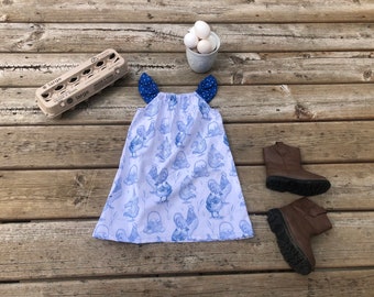 Girls Blue Chicken Dress Beach Coverup Hen Egg Helper  3 6 12 18 24 2 3 4 5/6 7/8 9/10 11 12 Farm County Fair Hobby Chicken Coop Dress