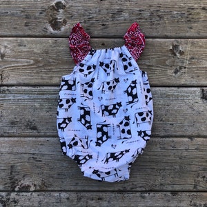 Cow Romper Baby Infant Toddler Flutter Sleeves 0 3 6 12 18 2 3 4 Playsuit Girls Black White Red Farm Animal 1st Birthday Dairy Farm 4H Fair