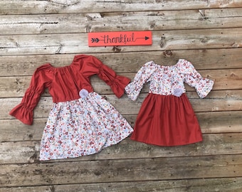 Girls Fall Thanksgiving Dress Rust Floral Mustard Mauve Green Daisy 3 6 12 18 24 2t 3t 4t 5 6 7 8 9 10 Autumn Matching Sister Dresses