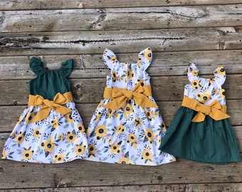 Girls Floral Easter Dress Sunflower Gold Green 3 6 12 18 24 2t 3t 4t 5 6 7 8 9 10 Sister Sibling Matching Girls Mother's Day Mustard