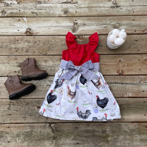 Girls Chicken Dress Hen Egg Helper Coop 3 6 12 18 24 2 3 4 5/6 7/8 9/10 11 12 Farm County Fair Hobby Chicken Coop Hen Rooster Dress