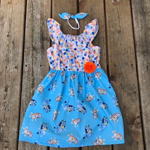 Girls Bluey Inspired Dress 0 3 6 12 18 2t 3t 4t 5/6 7/8 9/10 11/12 Disney Inspired Bluey Birthday Bingo Blue Heeler Red Heeler Dog Dress image 2