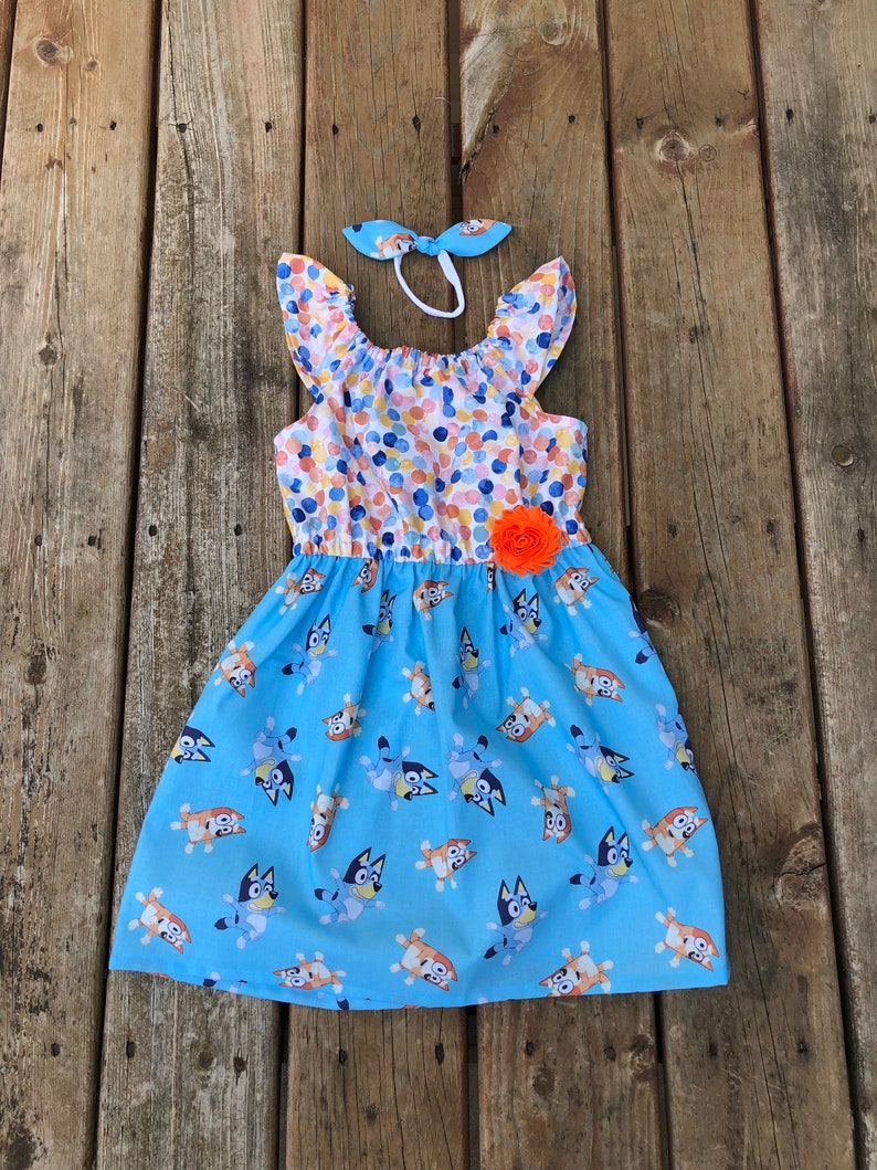 Girls Bluey Inspired Dress 0 3 6 12 18 2t 3t 4t 5/6 7/8 9/10 11/12 Disney Inspired Bluey Birthday Bingo Blue Heeler Red Heeler Dog Dress image 2