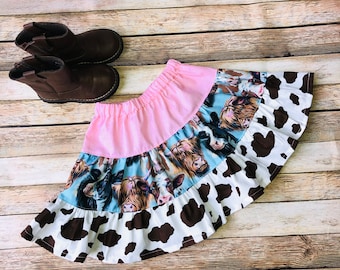 Girls Cow Print Western Skirt Tiered Pink Blue Brown 12 18 24 2t 3t 4 5 6 8 10 Pageant Fair Birthday Farm Cowgirl Cowboy Tractor