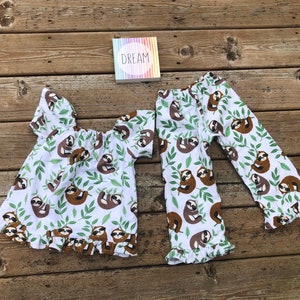 Girls Flannel Sloth Outfit - Ruffle Pants and Short Sleeve Top Set  12 18 2 3 4 6 7 8 Winter Warm Christmas Gift