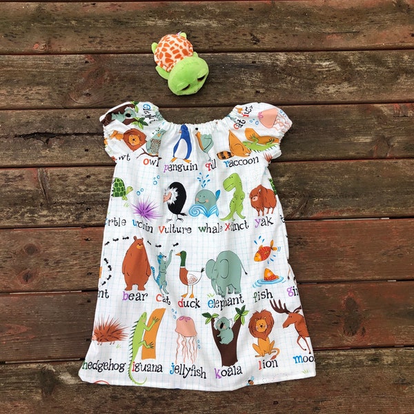 Girls Animal ABC Zoo Back to School Print Peasant Dress 0 3 6 12 18 24 2T 3T 4T 5/6 7/8 9/10 11/12 Kinder Preschool Dresses