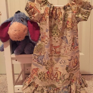 Winnie the Pooh Toile Ruffled Peasant Dress 6 12 18 24 2T 3T 4T 5/6 7/8 Winnie Birthday Dress 100 Acre Wood Tigger Eeyore Roo