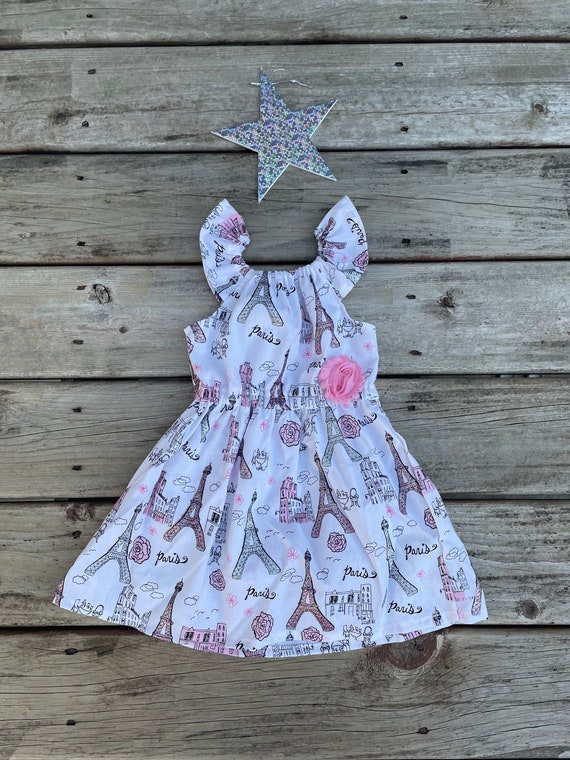 Girls Paris Eiffel Tower Dress: Glittery Flutter Sleeve