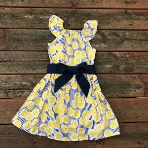Lemon Flutter Sleeve Girls Dress w/ Navy Sash 3 6 12 18 24 2 3 4 5/6 7/8 9/10 11/12 Vacation Cruise Dress Lemonade Stand Easter Mother&#39;s Day